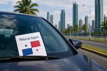 Papel impreso con el texto Póliza de Seguro y la bandera de Panamá en el parabrisas de un auto con rascacielos al fondo.