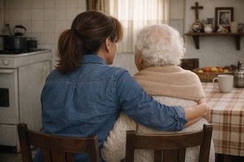 Dos mujeres sentadas de espaldas. Una mujer abraza a una anciana. Mesa con mantel, cesta de frutas, taza y estante con objetos en una casa.