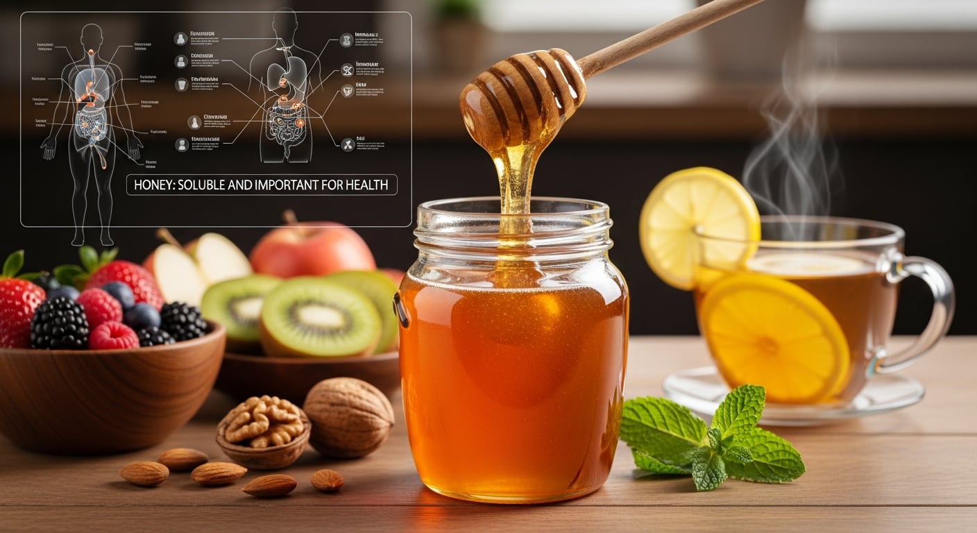 La miel de abeja, representada con frutas frescas y té, destaca por ser soluble e importante para la salud digestiva e inmune, según la información nutricional visible. (Imagen Ilustrativa Infobae)