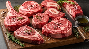 Varios cortes de carne de res cruda: tomahawk, chuletón y medallones, sazonados con sal, pimienta y hierbas, sobre tabla de madera con cuchillo y aceite.