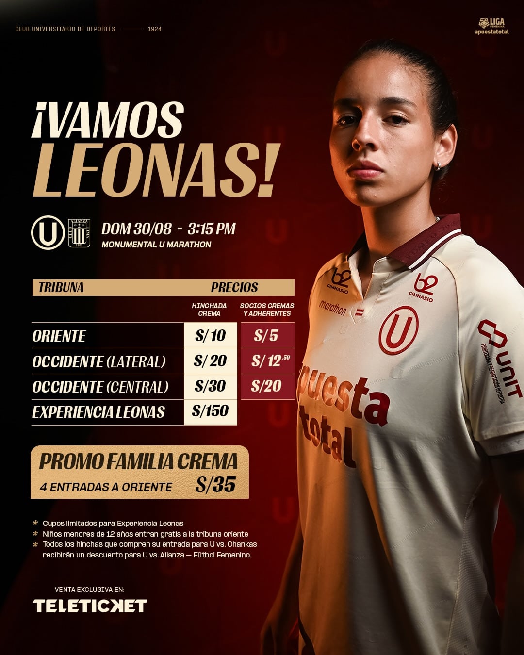 Precios de las entradas para el Universitario vs Alianza Lima por Torneo Clausura de la Liga Femenina 2026. Crédito: X Universitario femenino.