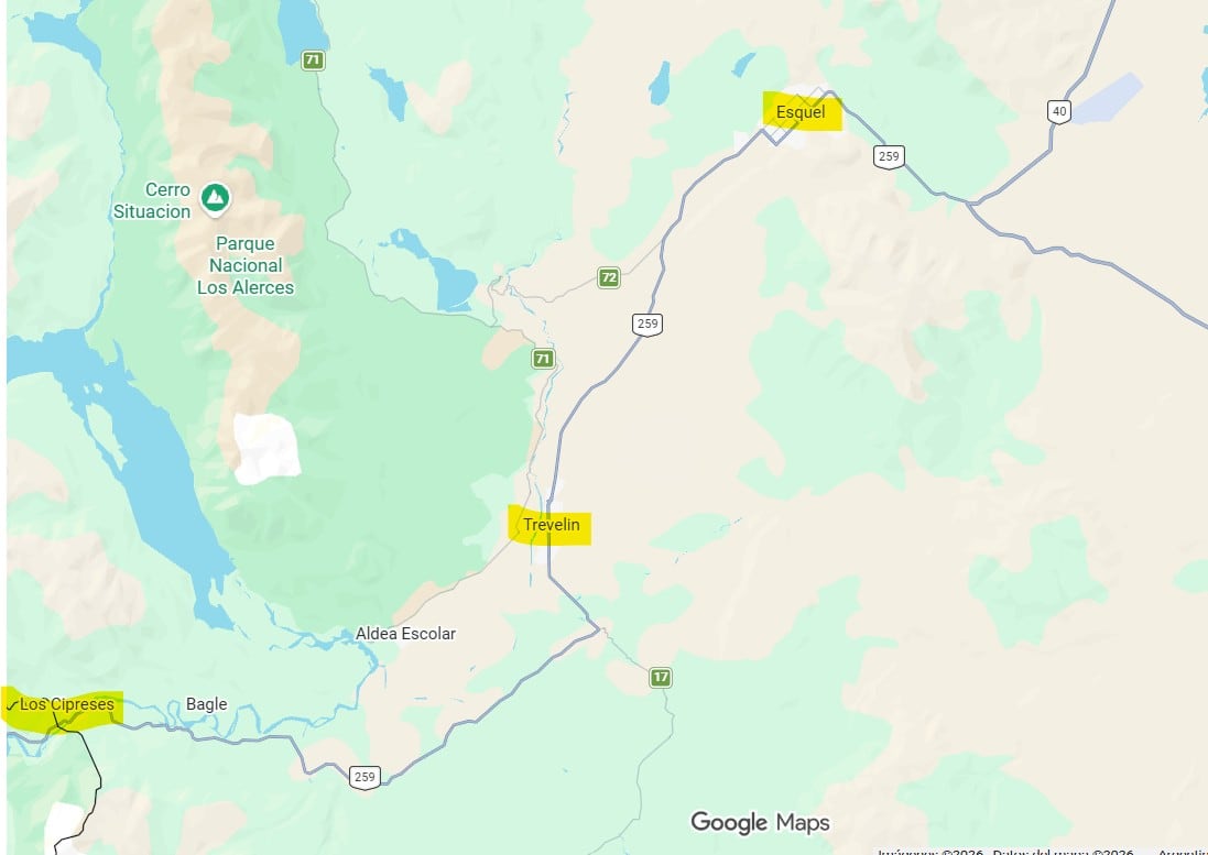 Esquel, Trevelin y Los Cipreses ofrecen oportunidades (Captura Google Maps)