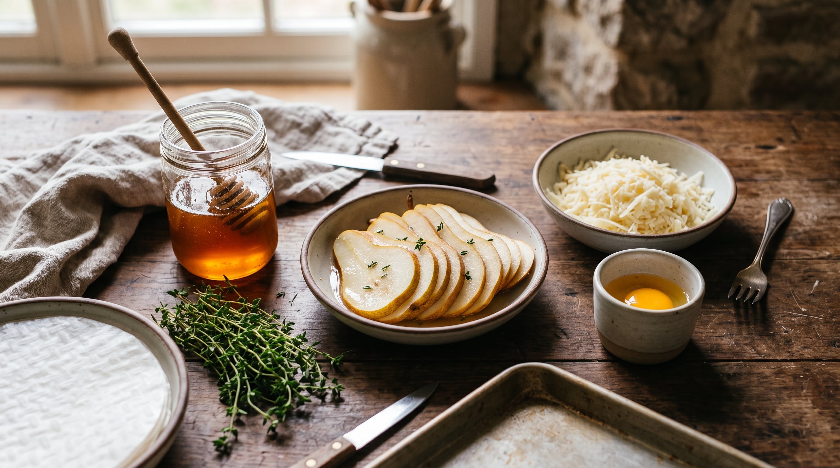 Diversos ingredientes como peras laminadas, miel, tomillo y papel de arroz se disponen en una mesa de madera para la elaboración de una receta. (Imagen Ilustrativa Infobae)