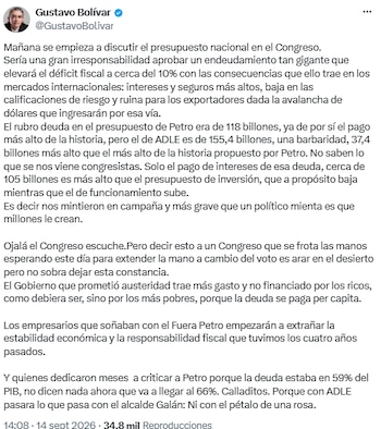 Gustavo Bolívar advirtió que la deuda pública podría llegar al 66% del PIB - crédito @GustavoBolivar/X