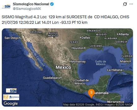 Sismo de magnitud 4.2 en Ciudad Hidalgo, Chiapas este 21 de julio. (X/ @SismologicoMX)