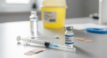 Una jeringa, un frasco de vacuna VPH y venditas sobre una mesada de clínica. Un contenedor de desechos médico amarillo borroso al fondo.