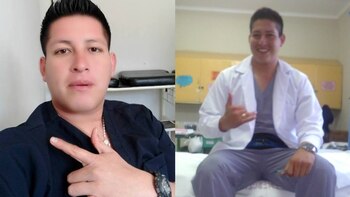 Dos fotografías de un hombre con vestimenta médica, una con chaqueta quirúrgica oscura y otra con bata blanca sobre uniforme clínico
