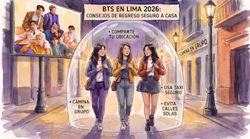 Ilustración de tres jóvenes caminando de noche por una calle iluminada junto a un panel publicitario con la banda BTS.