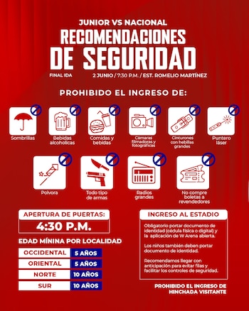 Junior de Barranquilla pidió a su hinchada llegar temprano al estadio Romelio Martínez y advirtió que “arrojar objetos a la cancha puede generar sanciones deportivas y económicas para el club”, en la antesala del partido de ida de la final del campeonato - crédito @JuniorClubSA/X