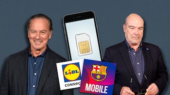 Bertín Osborne sonriente a la izquierda, Antonio Resines serio a la derecha. Un teléfono móvil con tarjeta SIM en pantalla, logos de Lidl Connect y Barça Mobile.