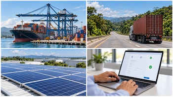 Cuatro paneles: barco con contenedores en un puerto, camión en una carretera, paneles solares sobre un techo y manos ante una computadora portátil