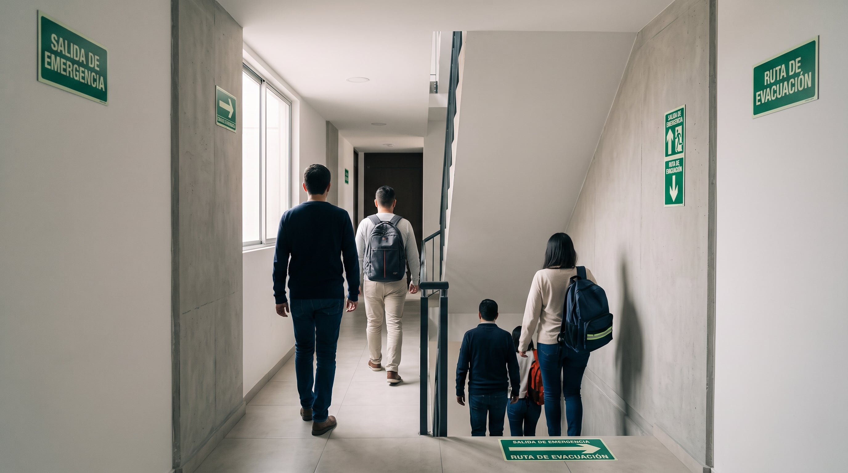 Varias personas descienden por las escaleras de emergencia de un edificio siguiendo las rutas de evacuación marcadas. (Imagen Ilustrativa Infobae)