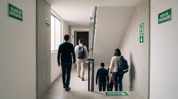Personas de espaldas caminan por un pasillo con carteles verdes de salida de emergencia y descienden por unas escaleras.