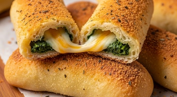 Primer plano de rollos horneados dorados. Uno está partido, revelando queso derretido que se estira y espinacas verdes cocidas en su interior.