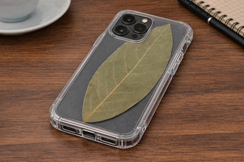Un teléfono móvil oscuro con una funda transparente y una hoja de laurel seca entre ambos, sobre una superficie de madera, con una taza al fondo.