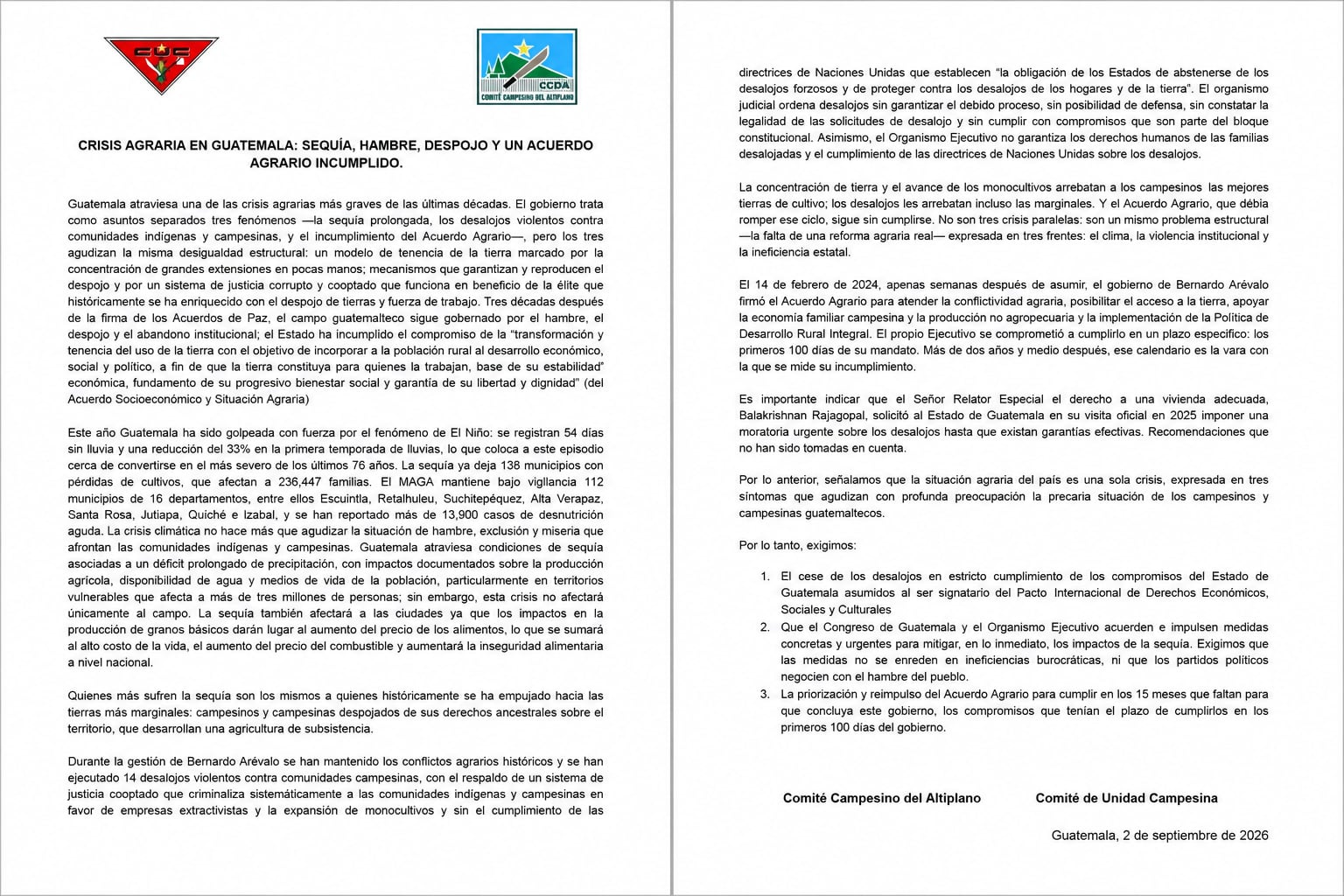 Un comunicado de organizaciones campesinas en Guatemala denuncia la sequía, los desalojos y el incumplimiento del Acuerdo Agrario. (Imagen Ilustrativa Infobae)