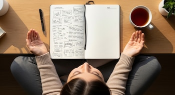 Vista cenital de una persona meditando con las manos abiertas, una libreta abierta con bocetos y textos, una lapicera, una taza de té y una planta suculenta sobre una mesa de madera.