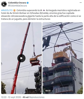 Una grúa elevó una retroexcavadora a la parte alta de un edificio en Dosquebradas - crédito @ColombiaOscura/X