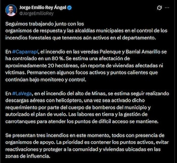 El gobernador de Cundinamarca, Jorge Emilio Rey, informó sobre las acciones que adelantan los organismos de emergencia para controlar los incendios forestales activos en el departamento - crédito Jorge Emilio Rey/X