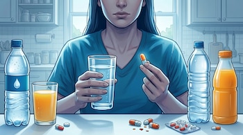 Primer plano de una persona tomando una píldora con agua. En la mesa, hay botellas de agua, un vaso de jugo y varias pastillas. Fondo de cocina difuminado.