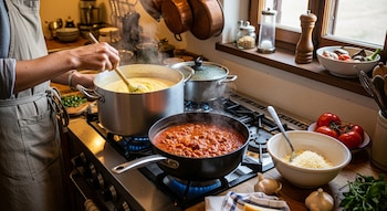 Persona con delantal revuelve polenta en una olla grande sobre la estufa. Una sartén con tuco humeante y un bol de queso rallado. Tomates y ajos visibles.