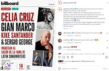 Afiche de Billboard con cuatro fotos y texto de ingreso al Salón de la Fama. Al lado, captura de una publicación de Instagram