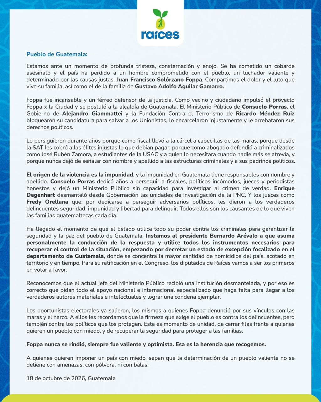 El bloque legislativo Raíces pidió apoyo nacional e internacional especializado para identificar a los responsables del crimen de Juan Francisco Solórzano Foppa. (Bancada Raíces)