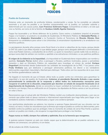 Los diputados de Raíces solicitaron al presidente Bernardo Arévalo un estado de excepción focalizado en el departamento de Guatemala.