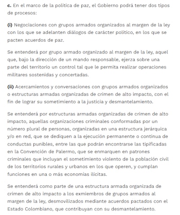 La Ley 2272 de 2022 establece dos tipos de procesos en la política de paz: negociaciones de carácter político y sometimiento y desmantelamiento de organizaciones criminales - crédito Ley 2272 de 2022/Función Pública