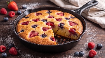 Pastel de frutos rojos y arándanos en sartén de hierro, con una porción faltante, sobre mesa de madera con azúcar glas y bayas dispersas.