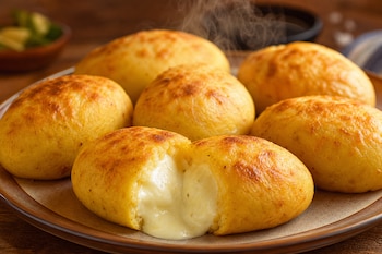 Papas horneadas doradas en un plato, una de ellas abierta con queso crema derretido en su interior.