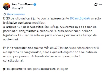 Sara Castellanos anunció que la designación de congresistas a última hora cuesta cientos de millones de pesos - crédito @sarag12/X