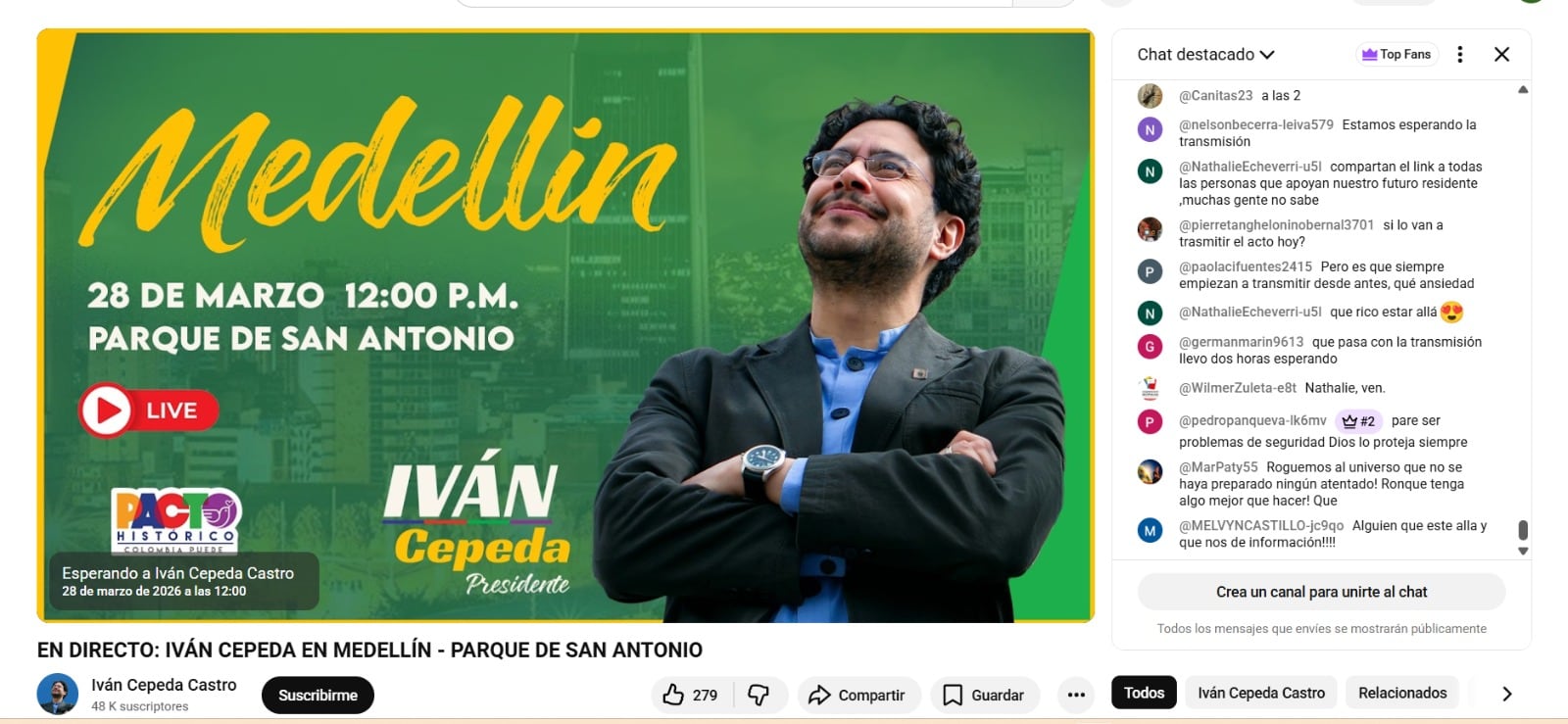 Siendo las 2:00 p.m., la transmisión no ha iniciado - crédito @youtube / Iván Cepeda Castro