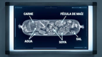 Una radiografía de una salchicha en una pantalla luminosa, con flechas blancas que señalan y etiquetan "CARNE", "AGUA", "FÉCULA DE MAÍZ", "SOYA" y "SAL".
