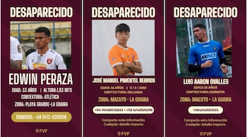 Tres carteles de personas desaparecidas: Edwin Peraza (33 años), José Manuel Pimentel Berrios (16 años), Luis Aaron Ovalles (18 años).