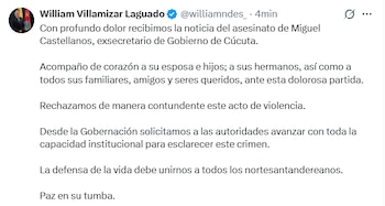 El lamento de William Villamizar, Gobernador de Norte de Santander, sobre el asesinato a William Villamizar - crédito @williamndes_/X