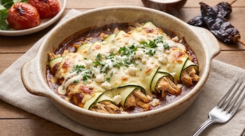 Enchiladas de calabaza con pollo y queso en cazuela. Acompañan jitomates asados, chiles morita secos, cuenco con crema y un tenedor.