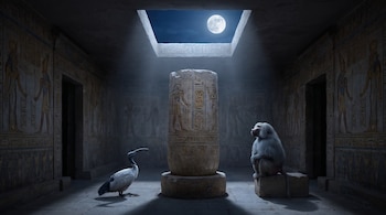 Ibis sagrado y babuino hamadryas en un templo con paredes y una columna con jeroglíficos. La luz de la luna llena entra por una abertura en el techo.