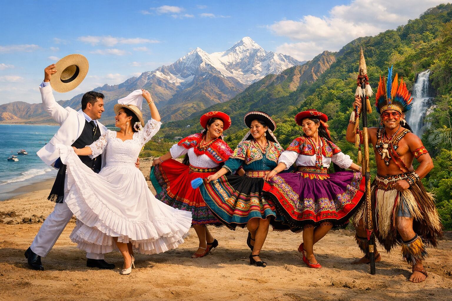 Bailarines peruanos con trajes de marinera, huayno y amazónicos representan la riqueza cultural del país ante un fondo que integra paisajes de costa, sierra y selva. (Imagen Ilustrativa Infobae)