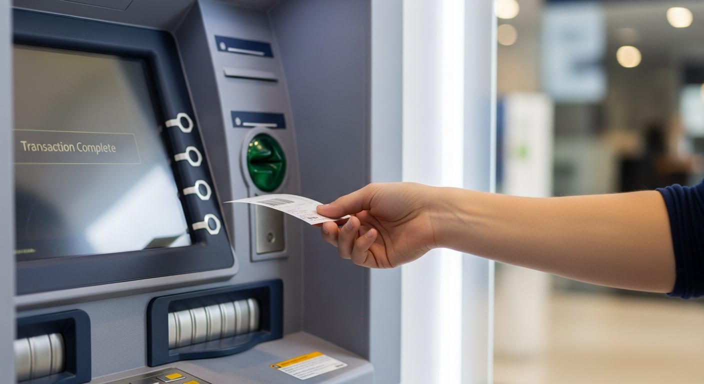 Una persona retira el recibo de un cajero automático después de completar una transacción bancaria (Imagen Ilustrativa Infobae)