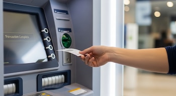 Primer plano de una mano humana retirando un recibo blanco de un cajero automático gris, cuya pantalla muestra el texto "Transaction Complete".