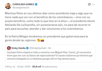 Carolina Gómez aseguró que Abelardo de la Espriella enfocó su etapa previa a la posesión en recorrer distintas regiones del país y escuchar las necesidades de las comunidades, contrario a los cuatro años de Gustavo Petro - crédito @carogomezsn/X