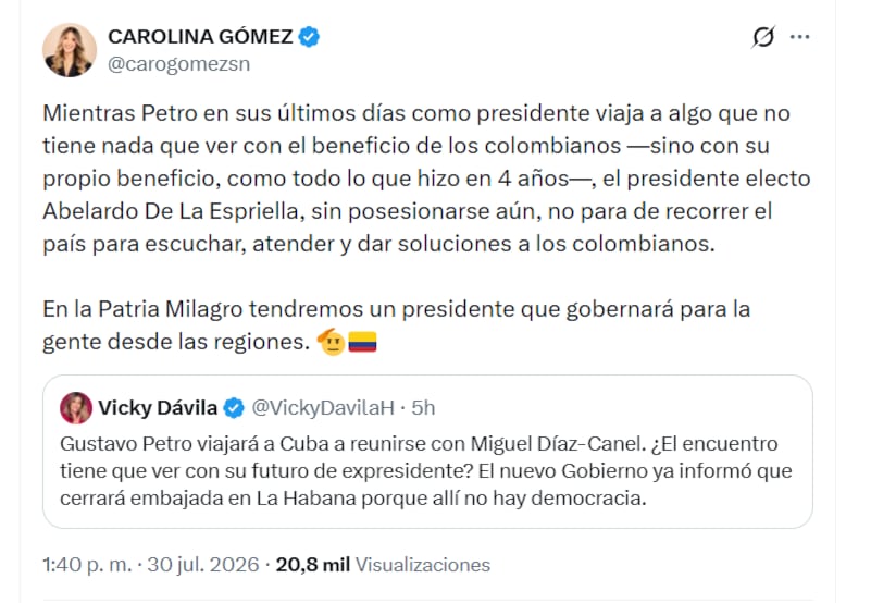 Carolina Gómez aseguró que Abelardo de la Espriella enfocó su etapa previa a la posesión en recorrer distintas regiones del país y escuchar las necesidades de las comunidades, contrario a los cuatro años de Gustavo Petro - crédito @carogomezsn/X
