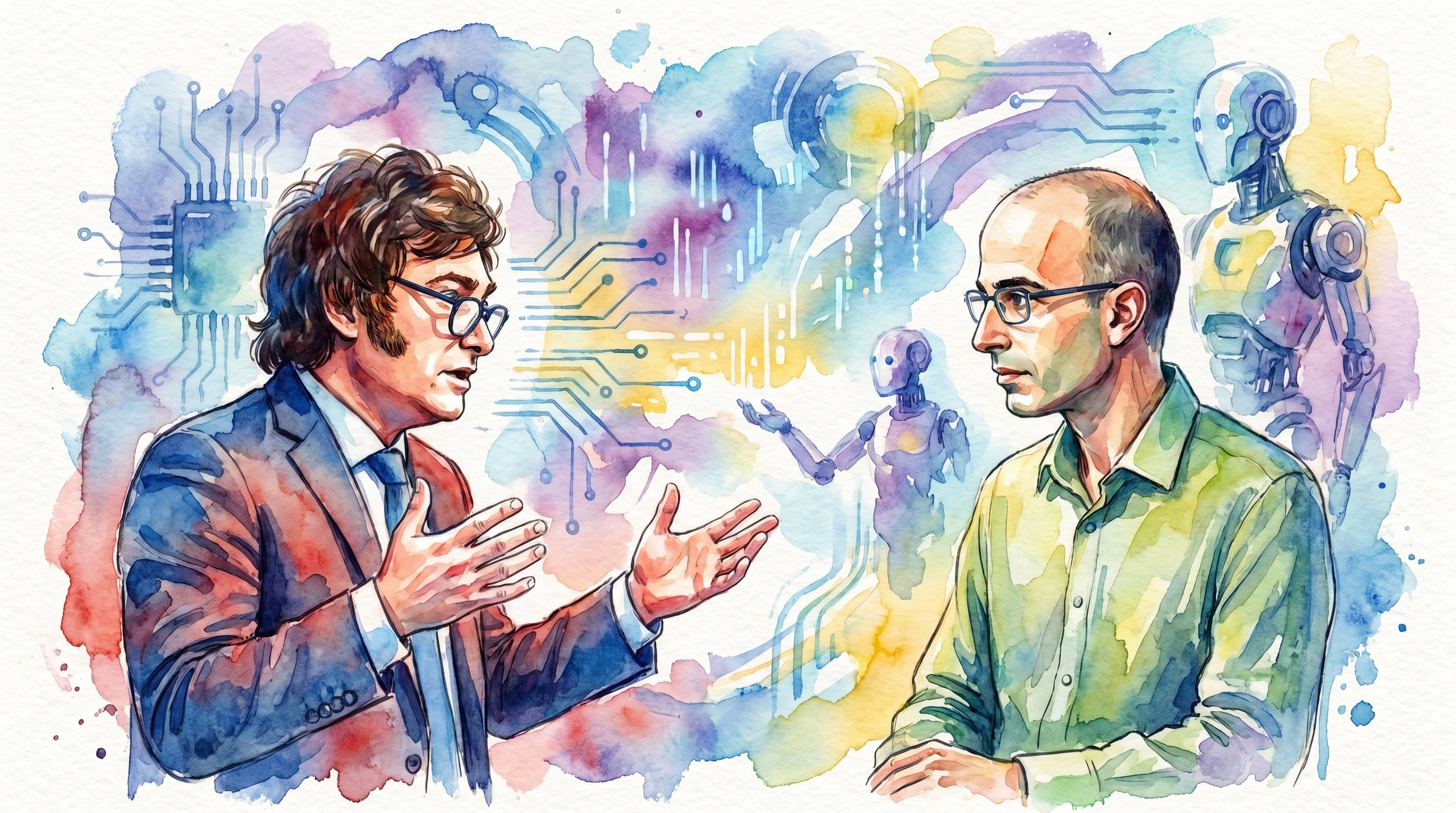 La ilustración representa a Javier Milei y Yuval Harari en una conversación dinámica sobre la libertad de la inteligencia artificial (Imagen Ilustrativa Infobae)