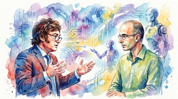 Ilustración en acuarela de Javier Milei gesticulando y Yuval Harari escuchando, sobre un fondo abstracto con circuitos y figuras de robots.