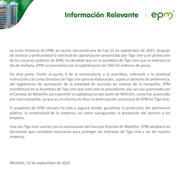 Comunicado de EPM sobre futuro