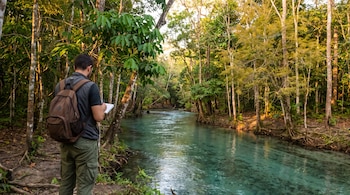 Hombre de espaldas con mochila y libreta en mano en la orilla de un río de agua cristalina, rodeado por un bosque denso con diversos árboles.