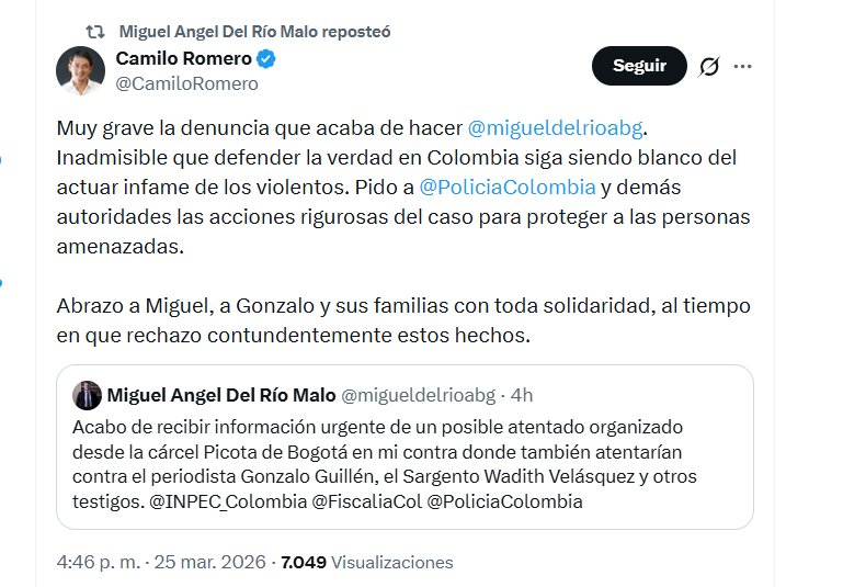 El exembajador Camilo Romero calificó como “inadmisible” el atentado que se habría planeado en contra del abogado Del Río - crédito @CamiloRomero/X