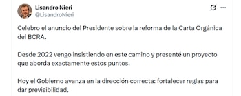 El tuit de Lisandro Nieri, diputado de la UCR