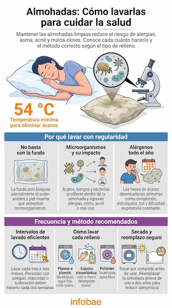 Ilustración de una mujer durmiendo, almohada sucia con ácaros y microorganismos vistos al microscopio. Infografía sobre lavado y reemplazo de almohadas.